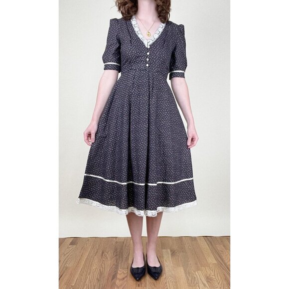 Vintage 70s Puff Sleeve Midi Dress Cottagecore Prairie Floral Print Lace Western - Picture 4 of 7